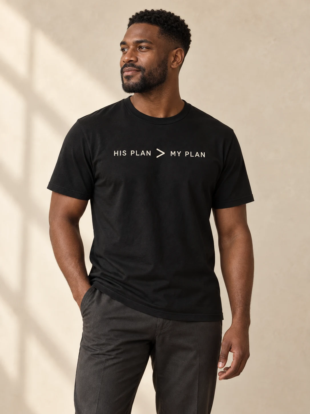 Black His Plan Tee, front on-model concept