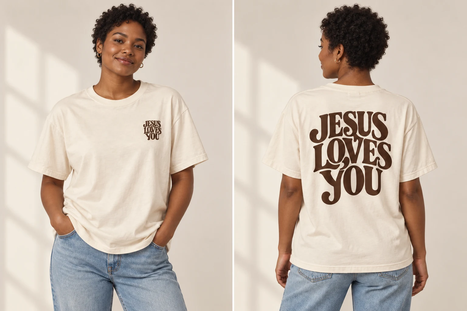 Cream Jesus Loves You Tee, back on-model concept
