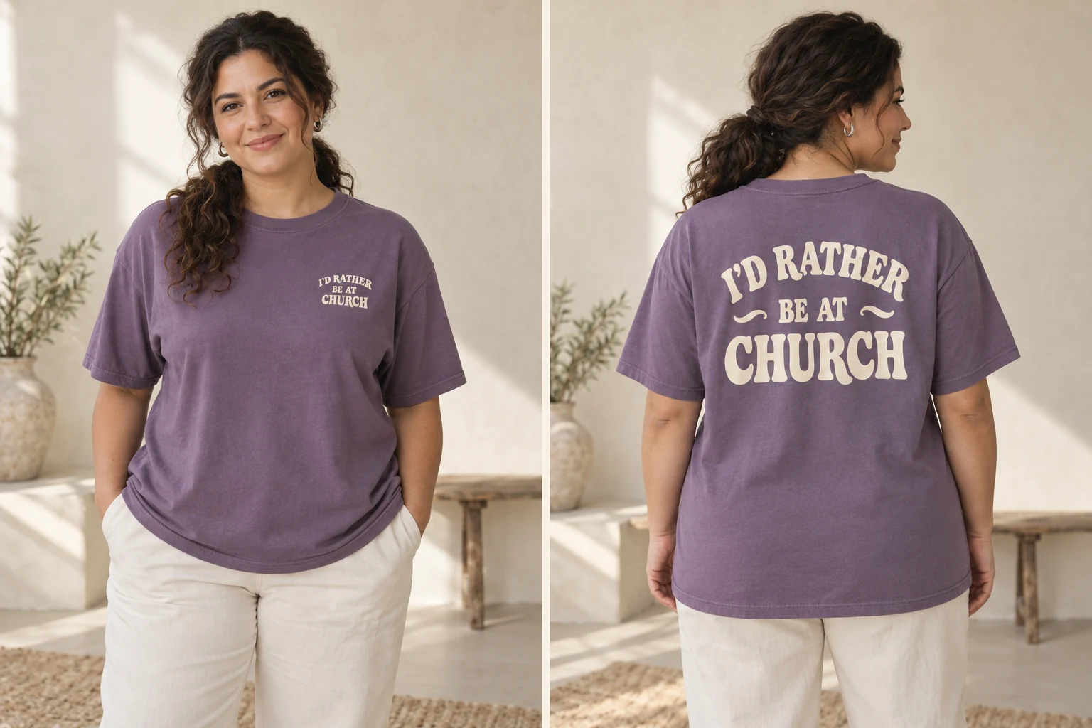 Plum lavender I’d Rather Be at Church Tee, back on-model concept