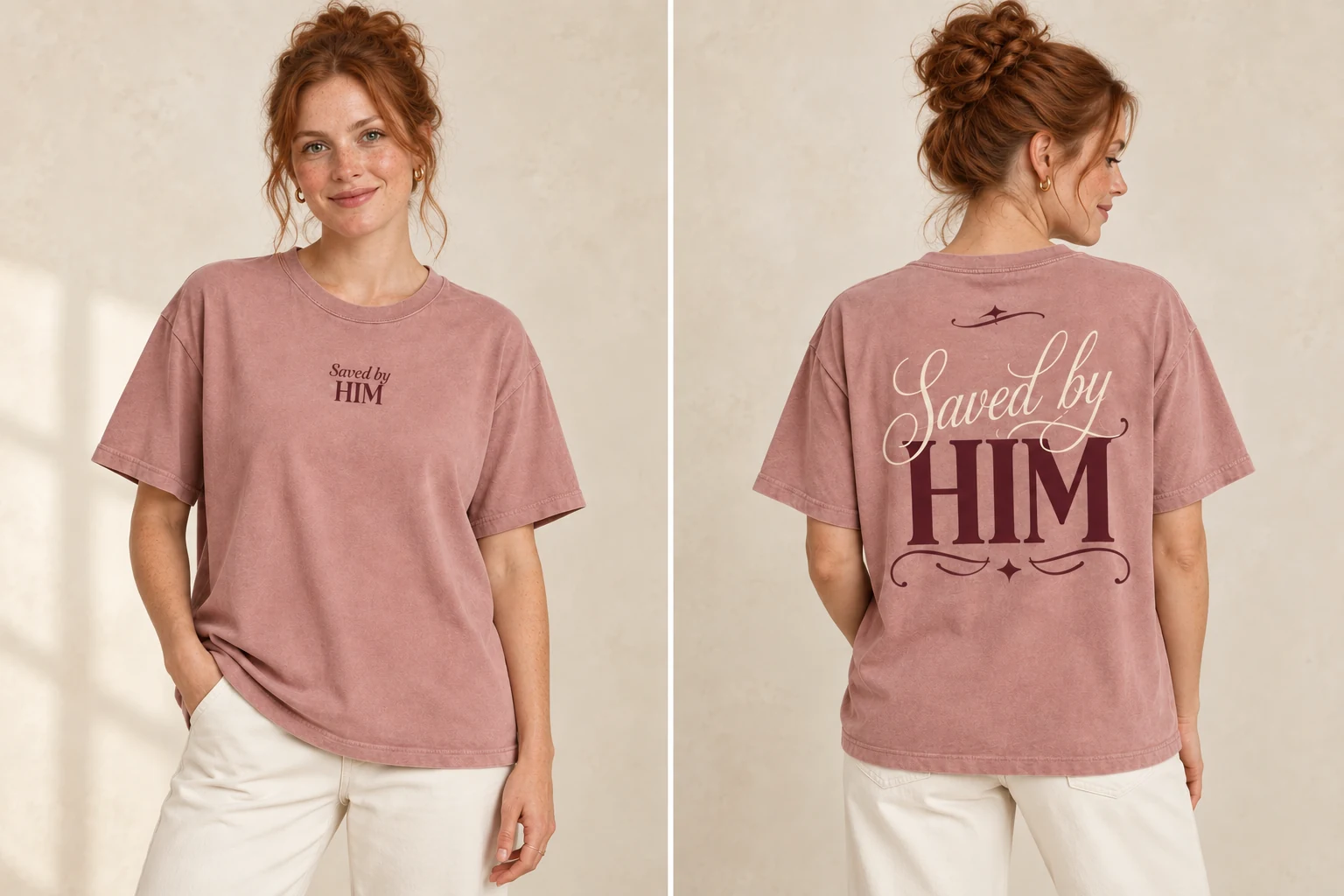Dusty rose Saved by HIM Tee, back on-model concept