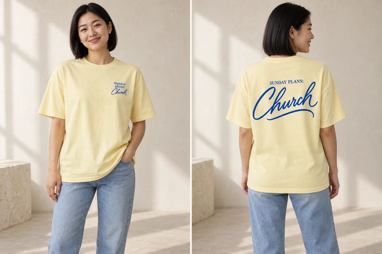Butter yellow Sunday Plans: Church Tee, back on-model concept