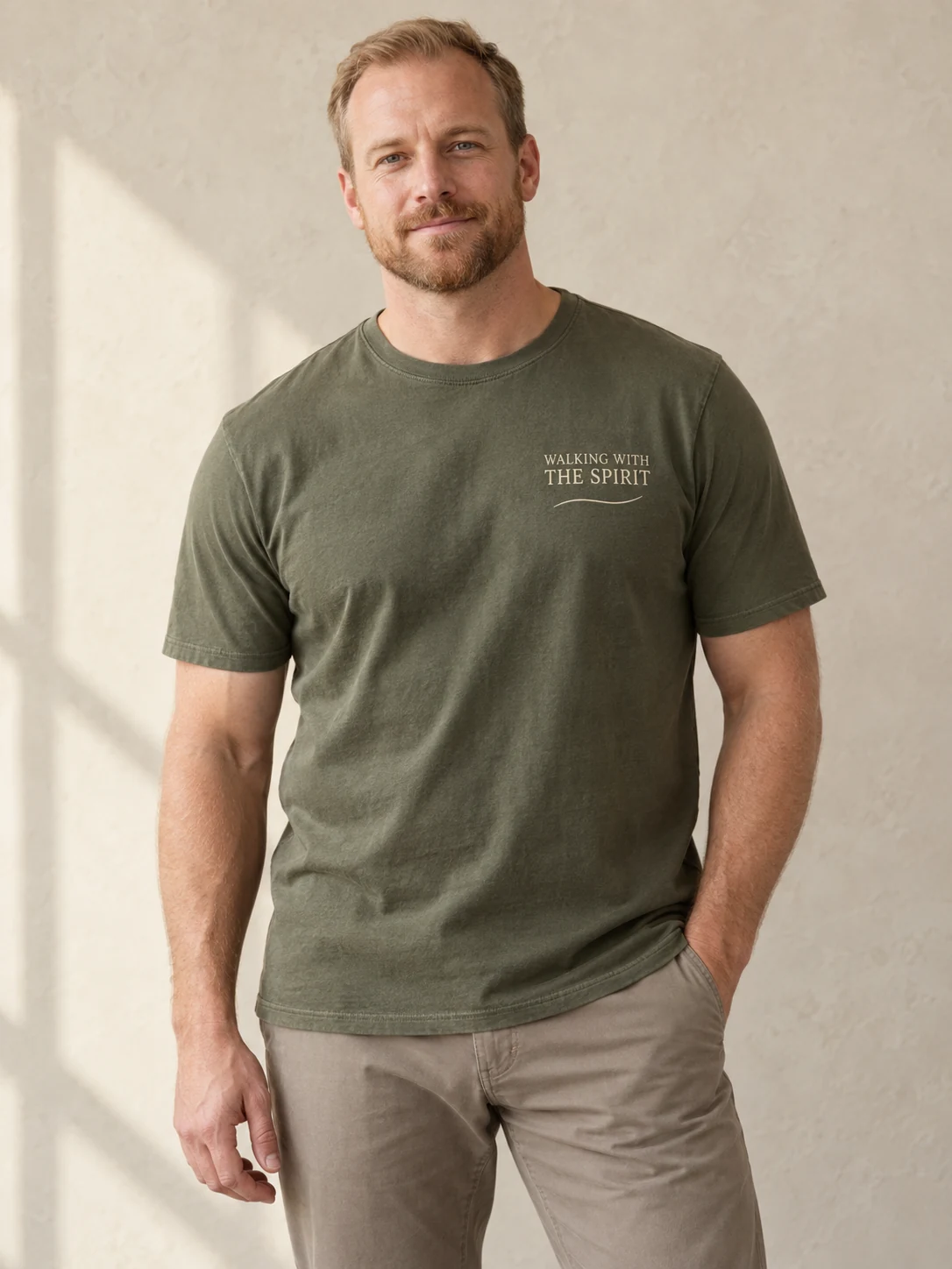 Washed olive Walking with the Spirit Tee, front on-model concept