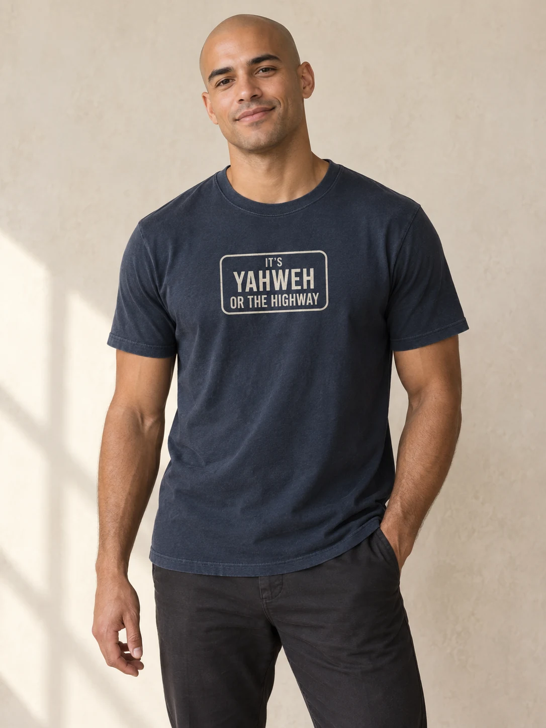 Faded navy Yahweh or the Highway Tee, front on-model concept